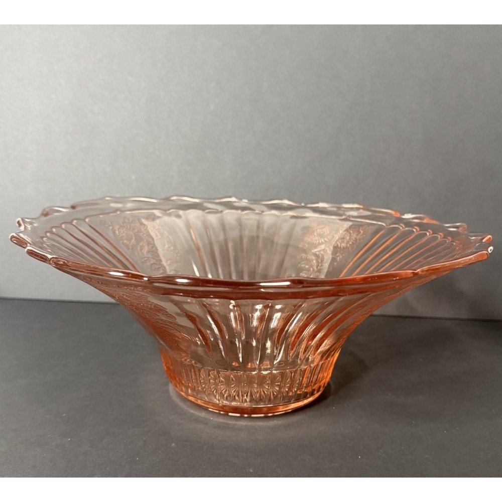 VTG 1930s Anchor Hocking Mayfair Open Rose Pink Depression Glass Fluted Bowl EUC